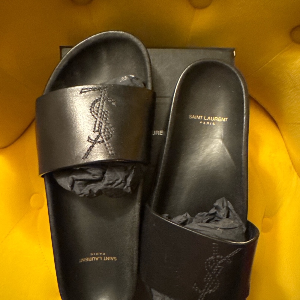 Saint Laurent Black Mules with Wide Strap and Flat Sole